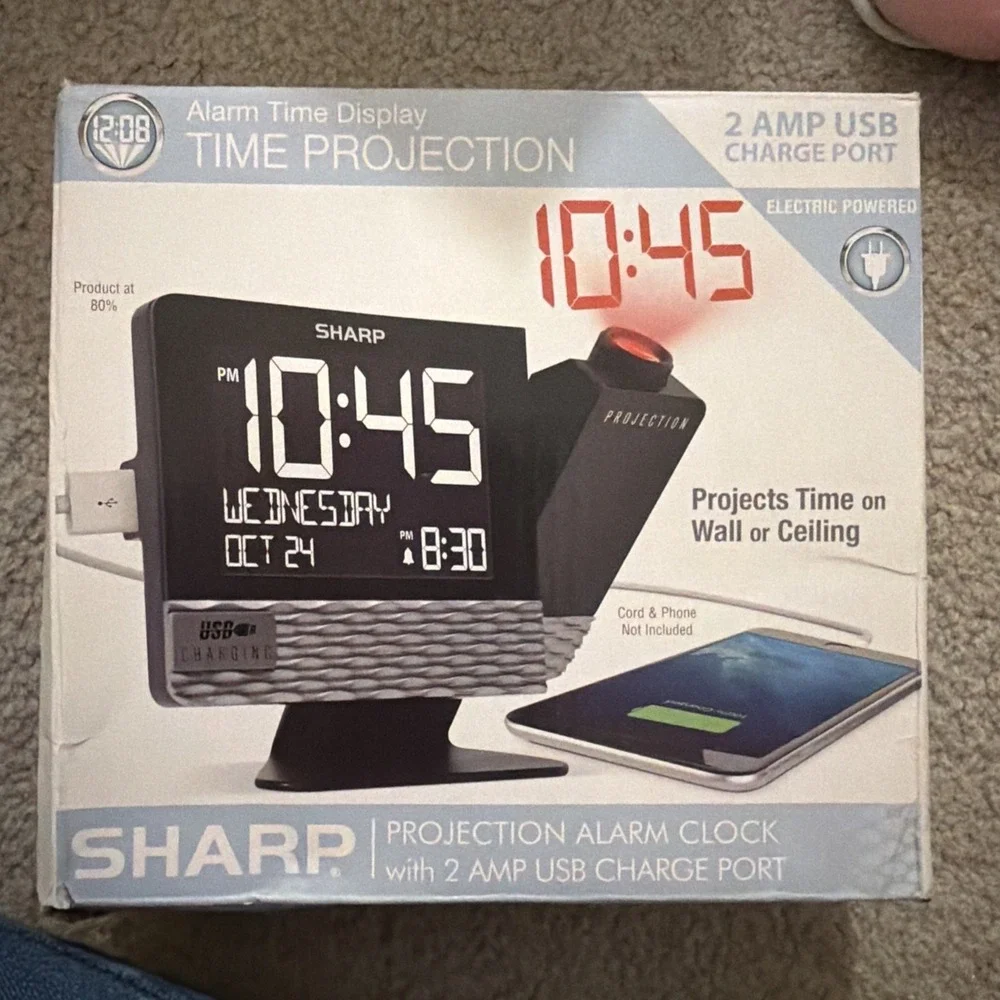 SHARP ALARM CLOCK Time Display Wall Projection w 2Amp USB Charger Port