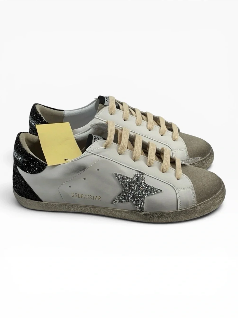 Golden Goose Superstar White Silver Black Glitter Star NIB 8.5