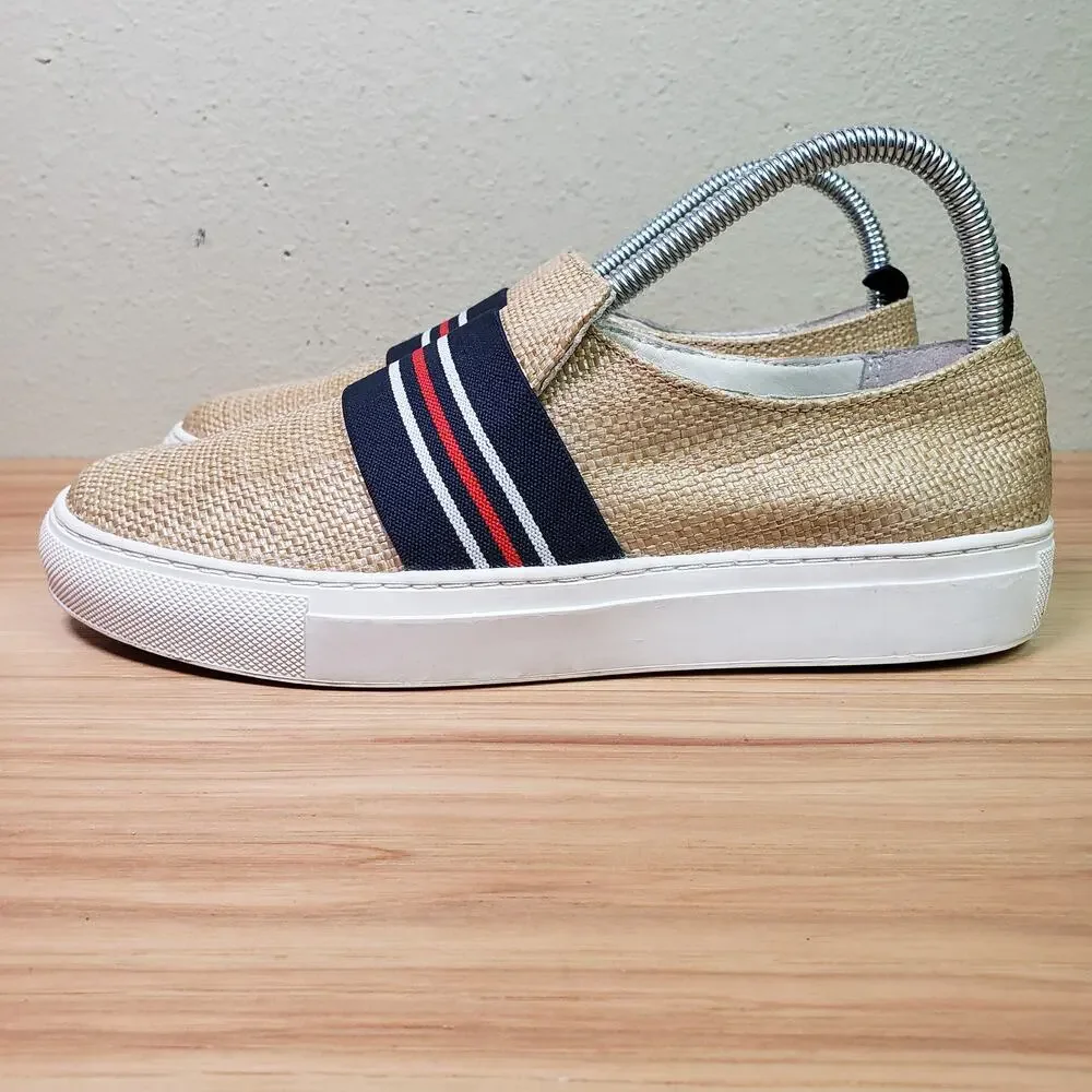 Tan Woven Wicker Slide On Sneakers Blue Nautical Stripe Coastal Casual Size 7.5‎