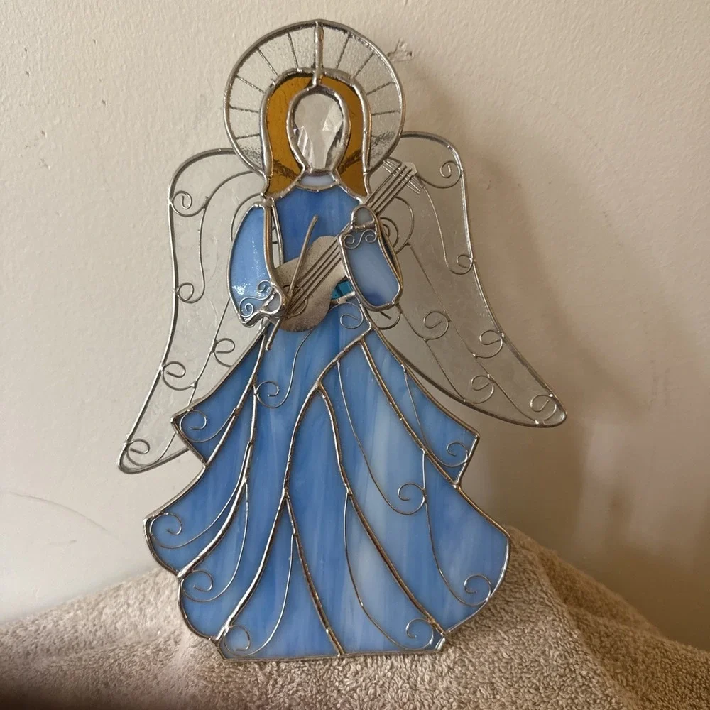 Vintage Blue Angel Stained Glass Votive Candle Holder Christmas 10