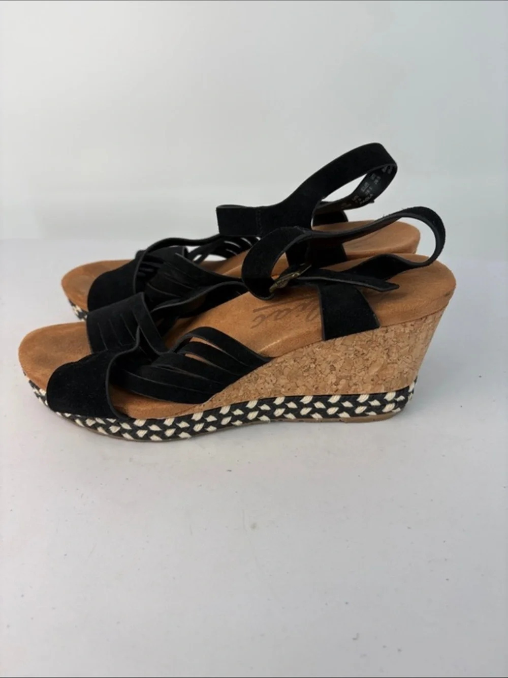 🐚 Zodiac Black Suede Cork Espadrille Wedges Paola