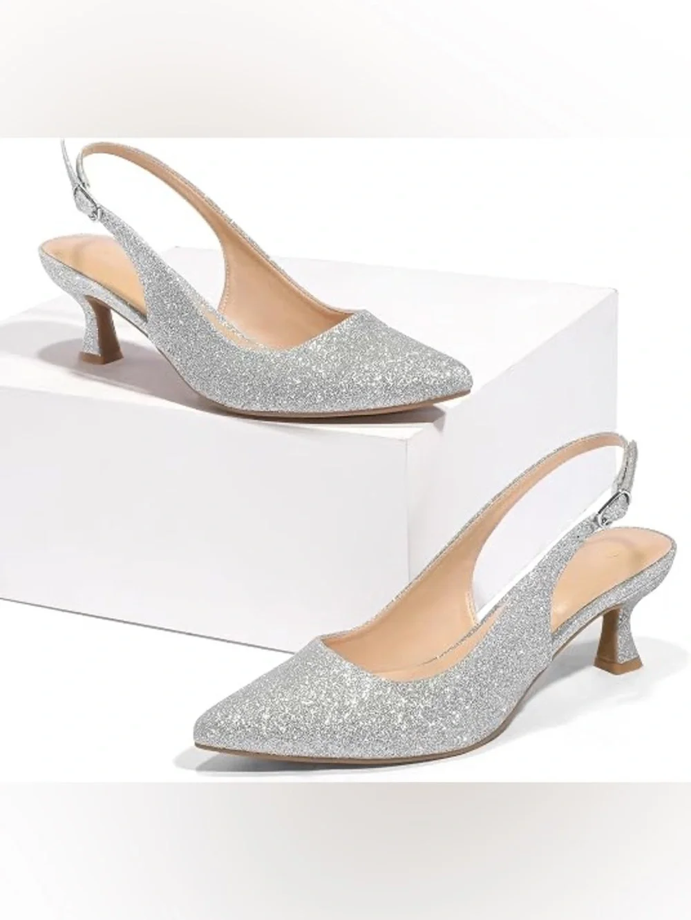 Mysoft Silver Glitter Slingback Kitten Heel Pumps Sz 8.5 NWT