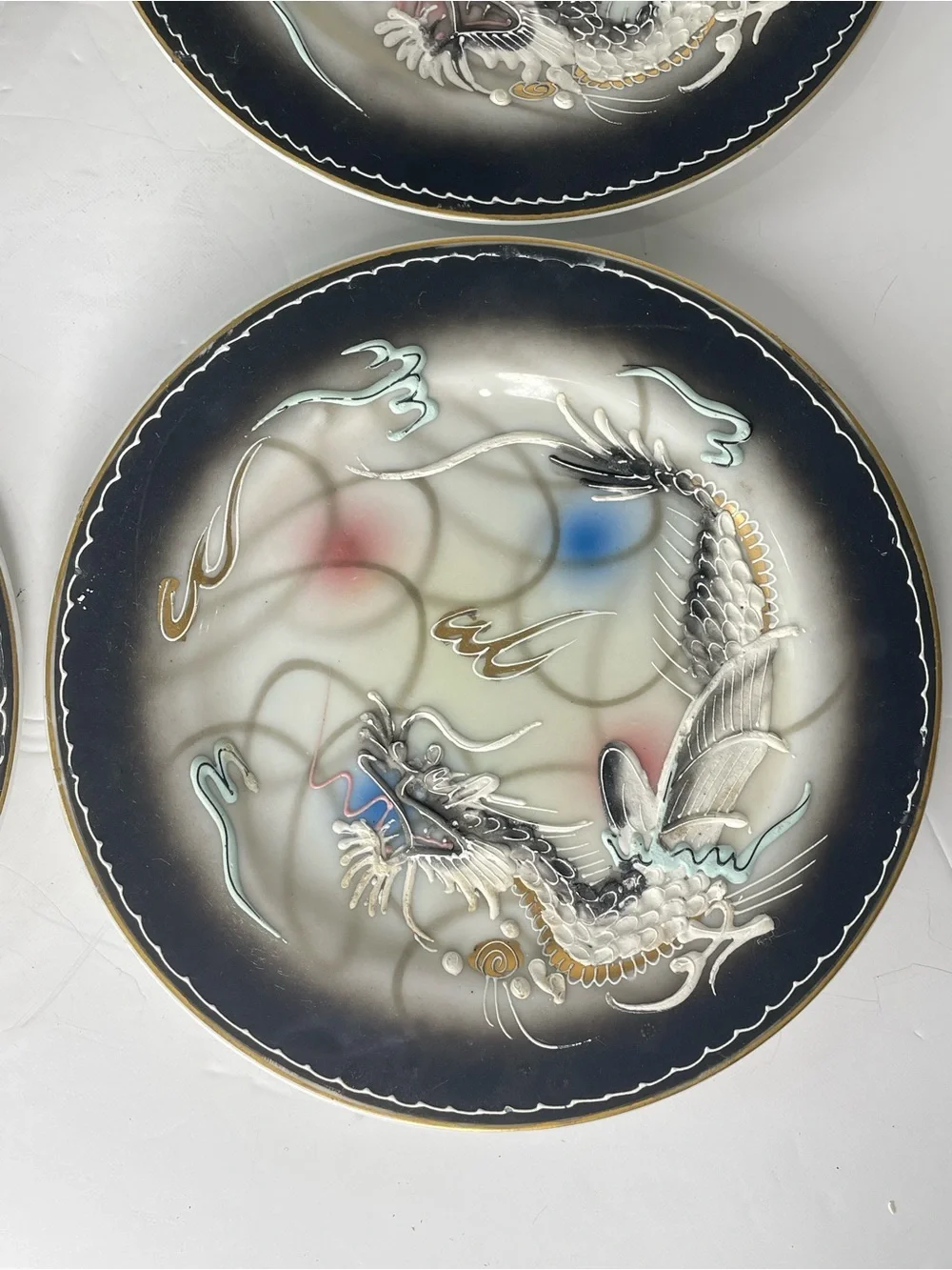 4 Vintage Victoria China Dragonware Dessert Plates 7.25” Dragon 3D Moriage Gold