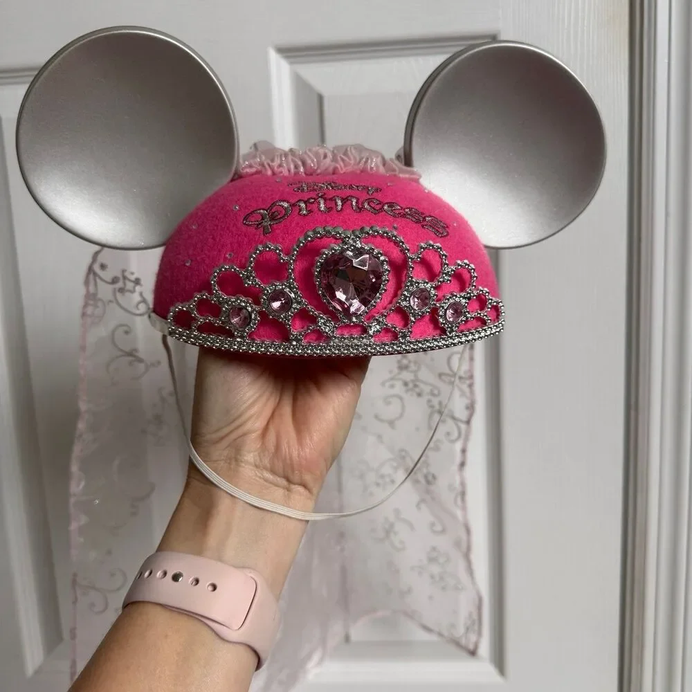 Disney Parks Minnie Mouse Ears Princess Crown Hat Pink with Veil