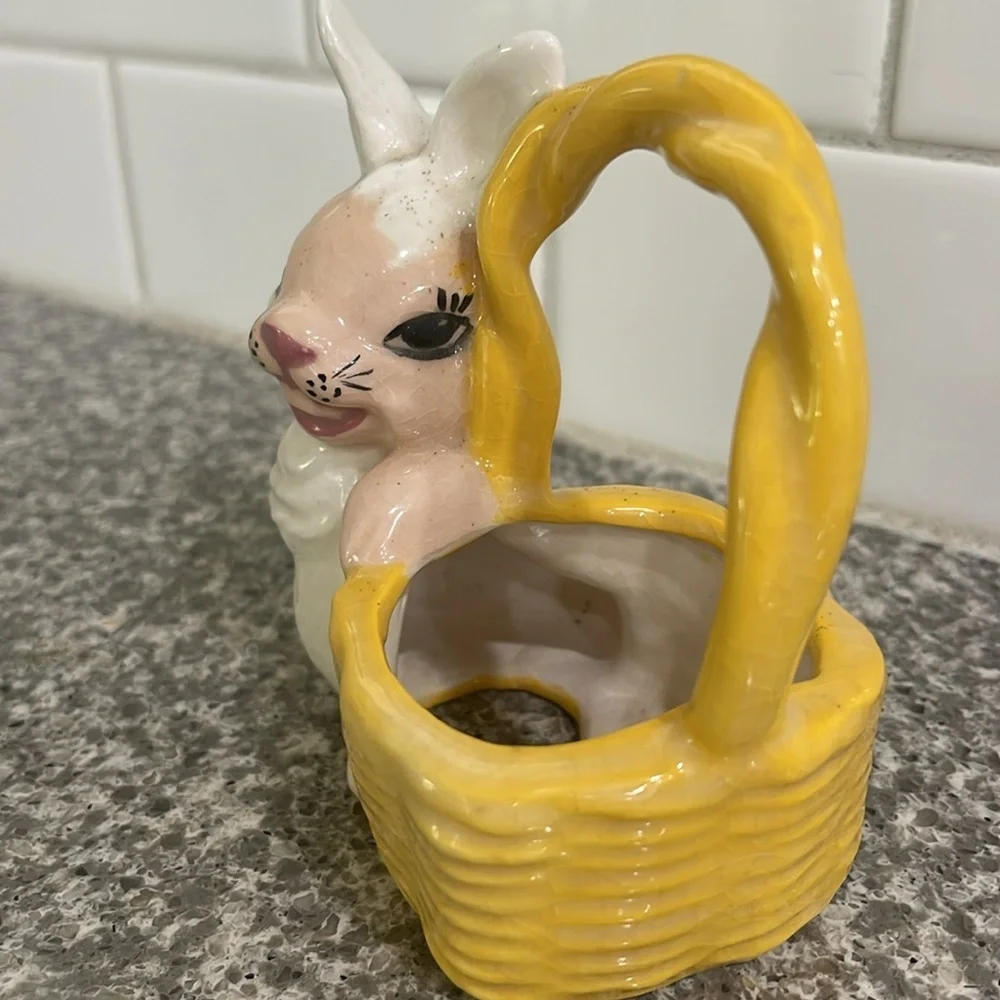 Vintage Ceramic Bunny with Yellow Basket