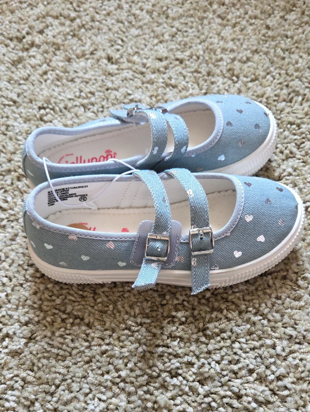 Jellypop Size 12 Lt Blue Double-Strap Velcro Mary Jane Shoes W/Metallic Hearts
