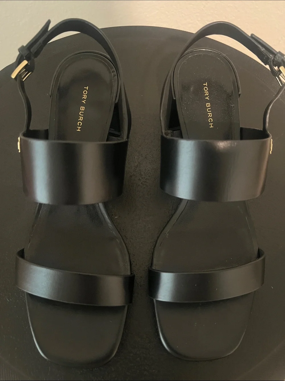 Tory Burch Double T Heel Sandals Black Leather 50mm Block Heel Size 9