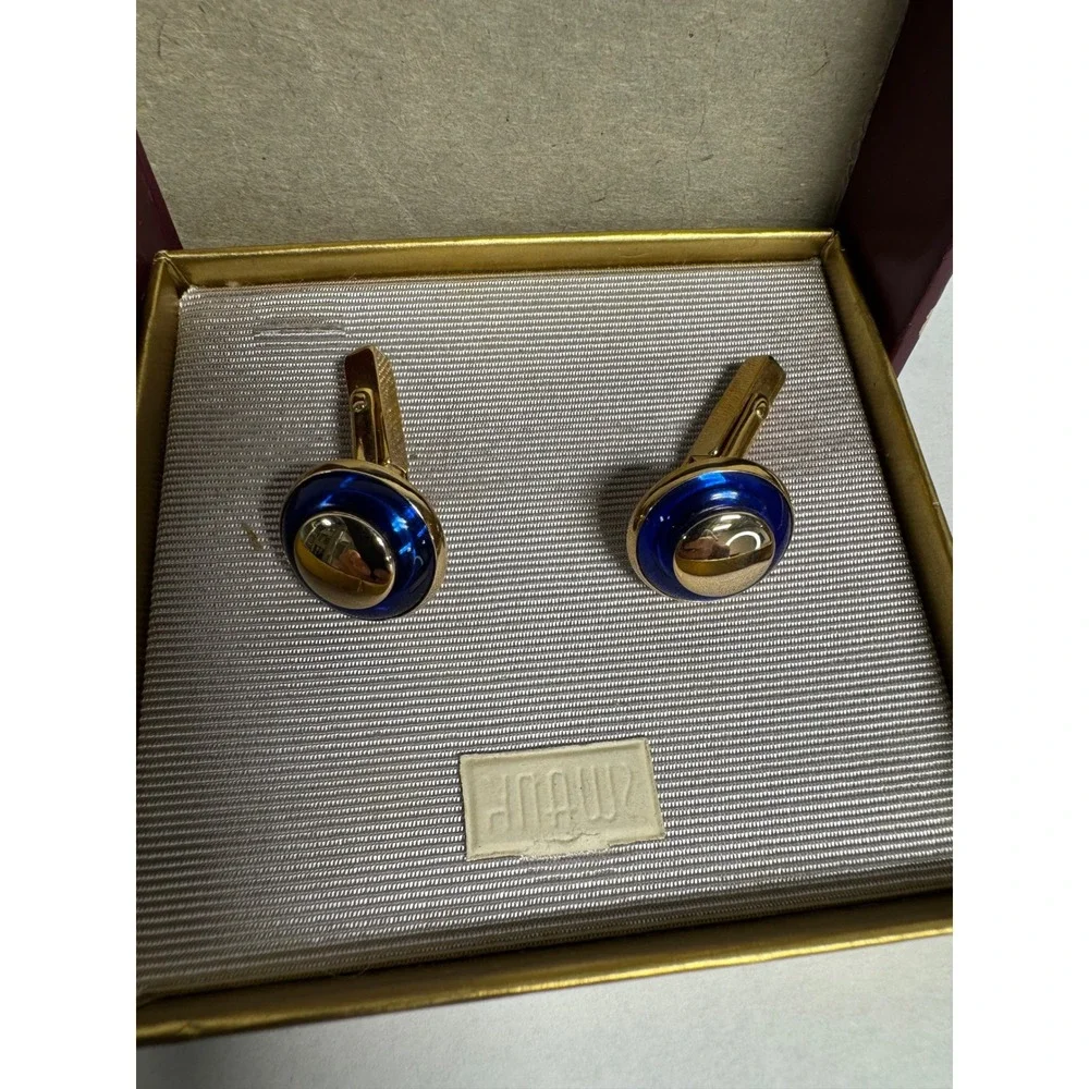 Vintage Swank Cufflinks and Tie Clip Set Blue Gold Silver Tone Mid Century Mens