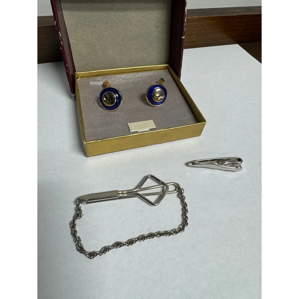 Vintage Swank Cufflinks and Tie Clip Set Blue Gold Silver Tone Mid Century Mens