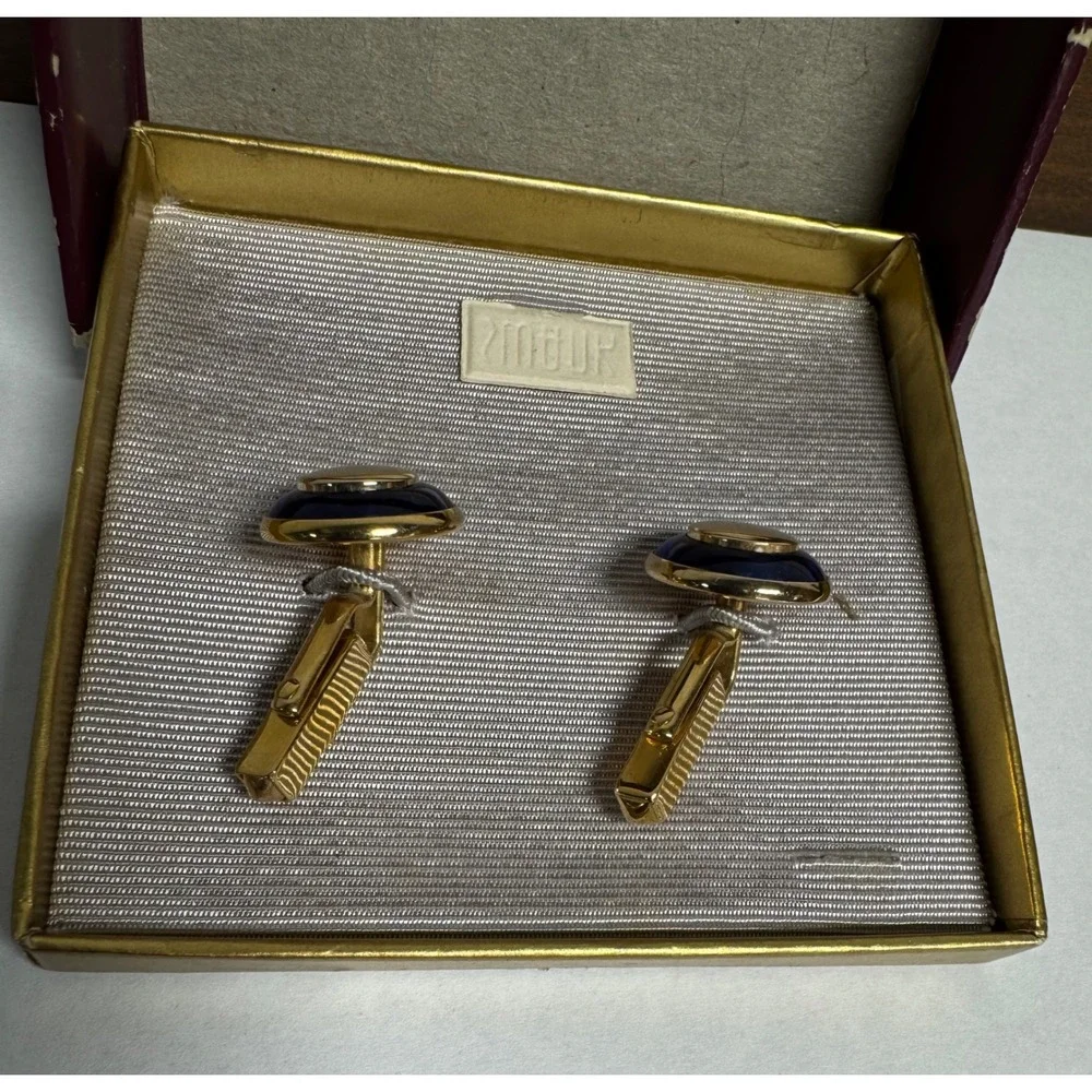 Vintage Swank Cufflinks and Tie Clip Set Blue Gold Silver Tone Mid Century Mens