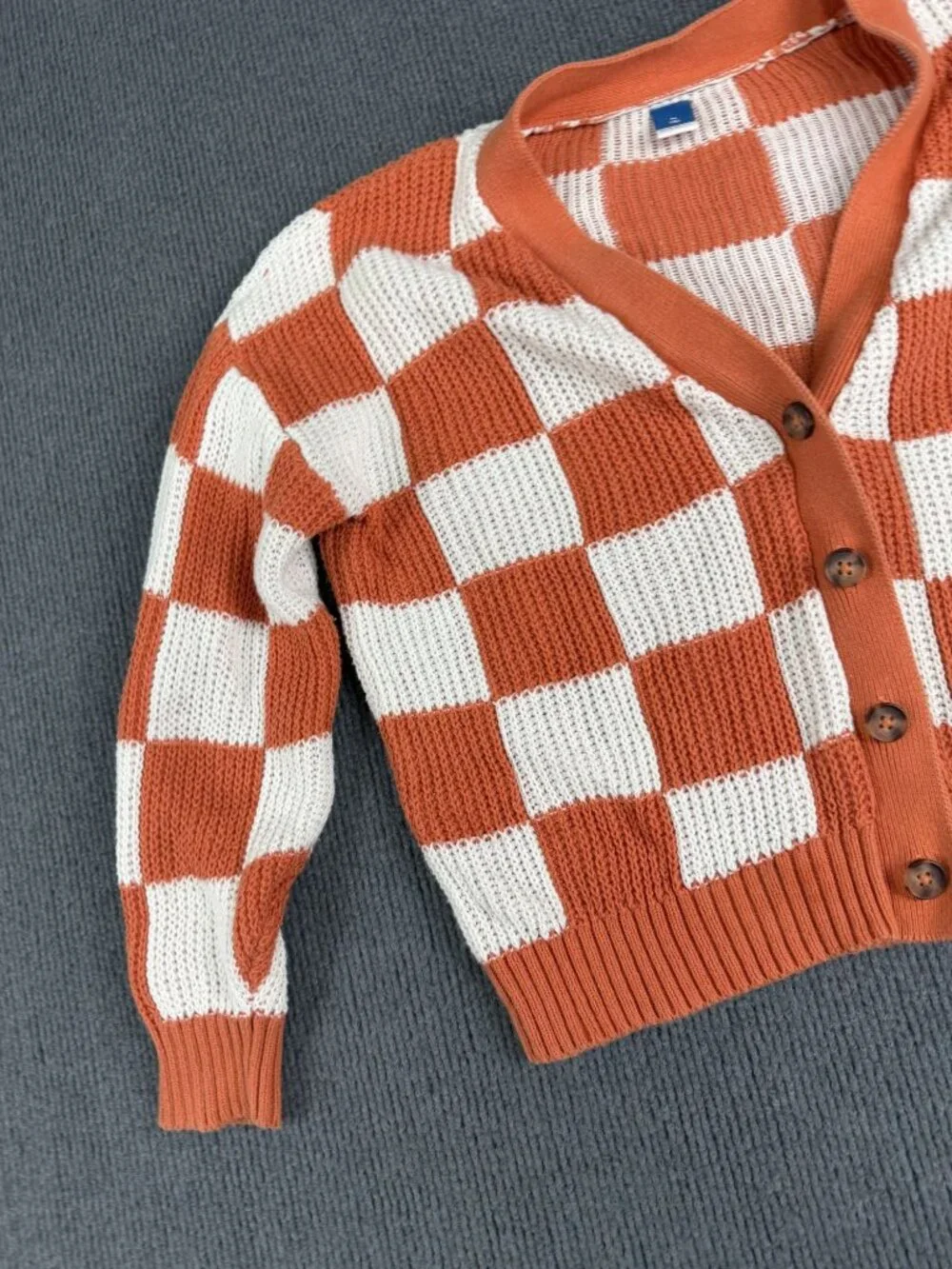 Old Navy Kids Orange & White Checkered Knit Button-Up Cardigan Size M (8)