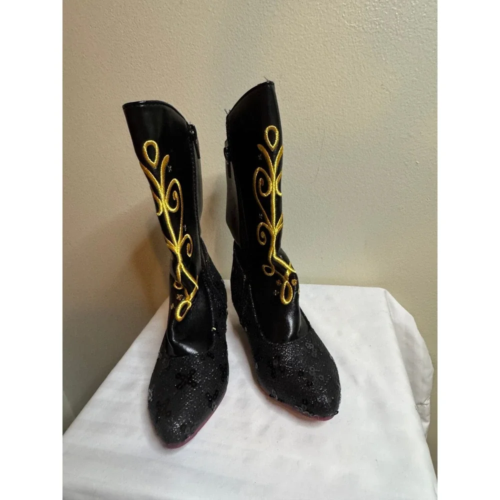 Disney Store Frozen Anna Costume Boots Black Gold Sequin Girls Size 9/10