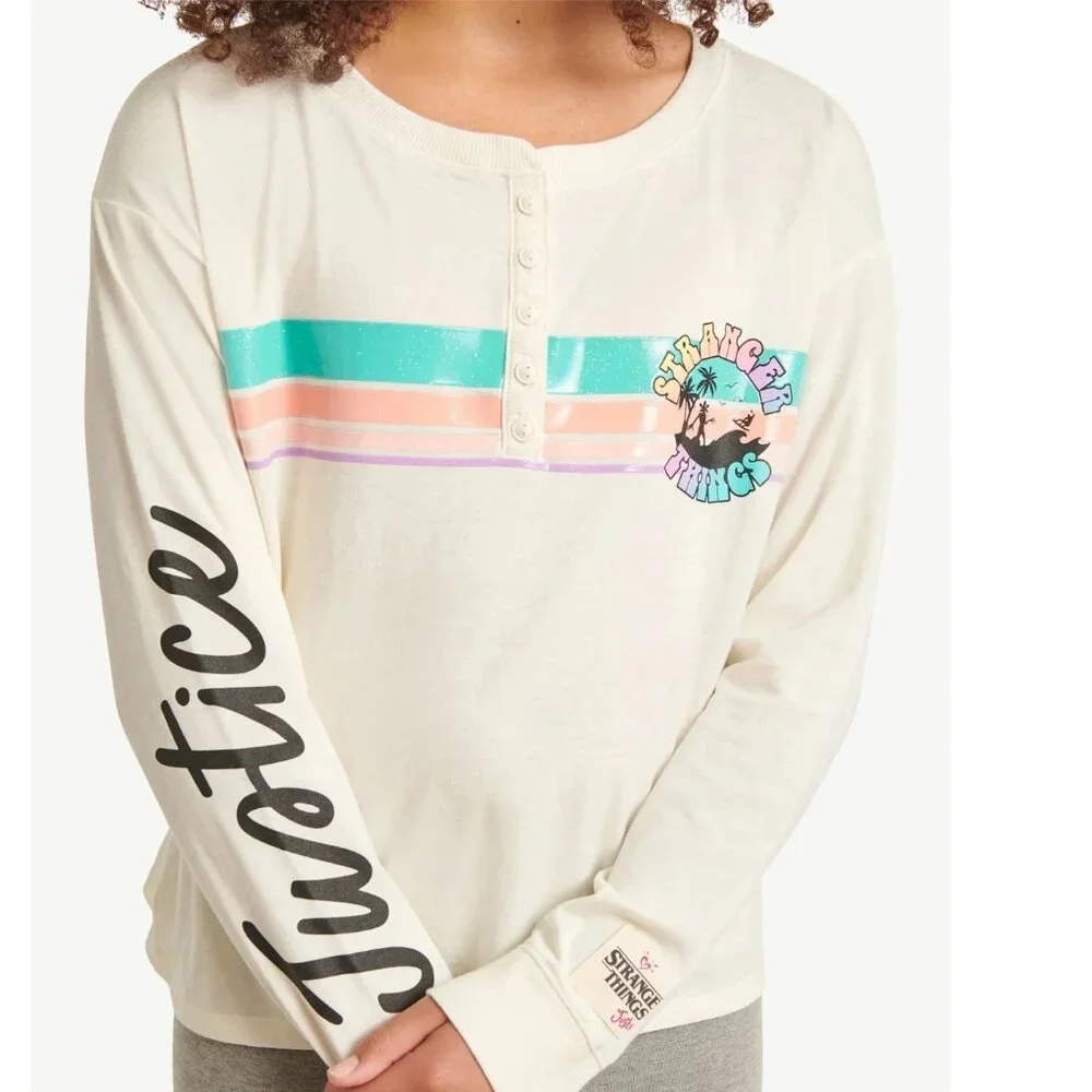 Justice Girls S STRANGER THINGS Long Sleeve Creme Henley Shirt SIZE 7-8 NEW