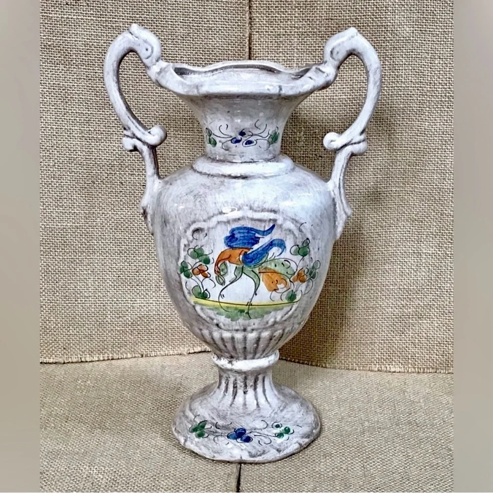 French Bird Mantle Vase w Handles Art Pottery Hand Painted Elegant Cottage Core