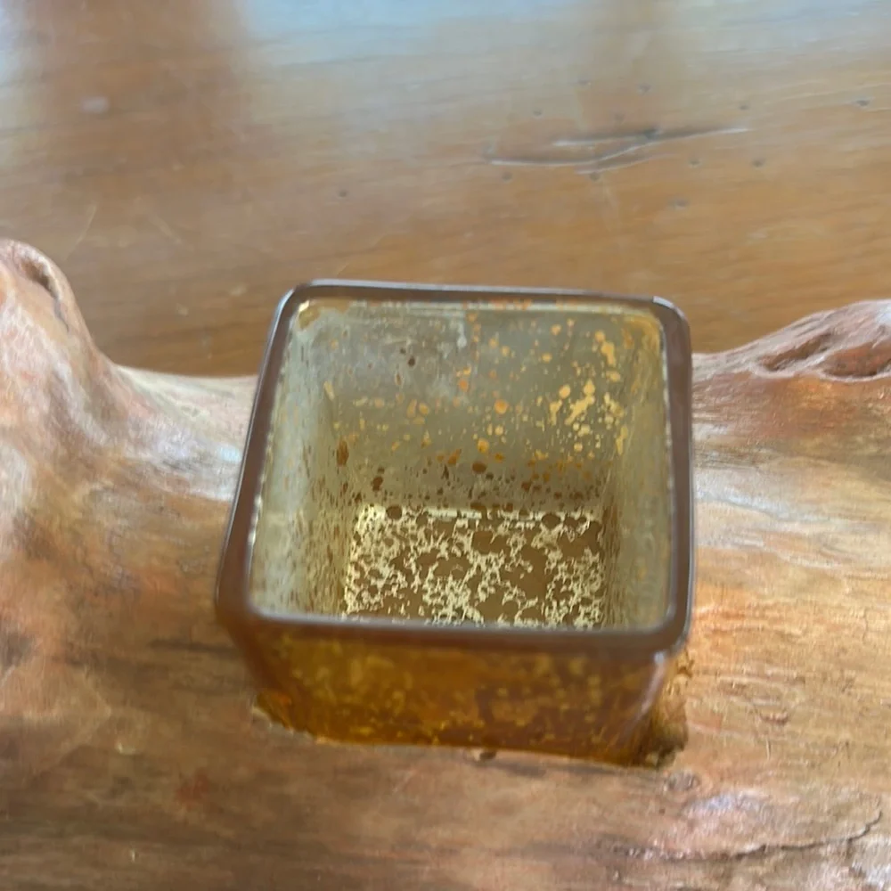 Rustic Driftwood Wood Candle Holder with Gold Glass Votive Cups, Nature Decor