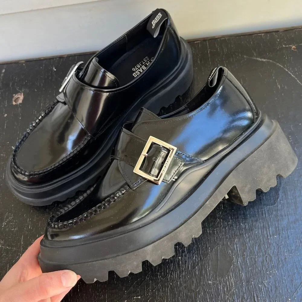 G.H. Bass Ella Platform Derby Loafers 9.5 Black Leather Chunky Lug Sole