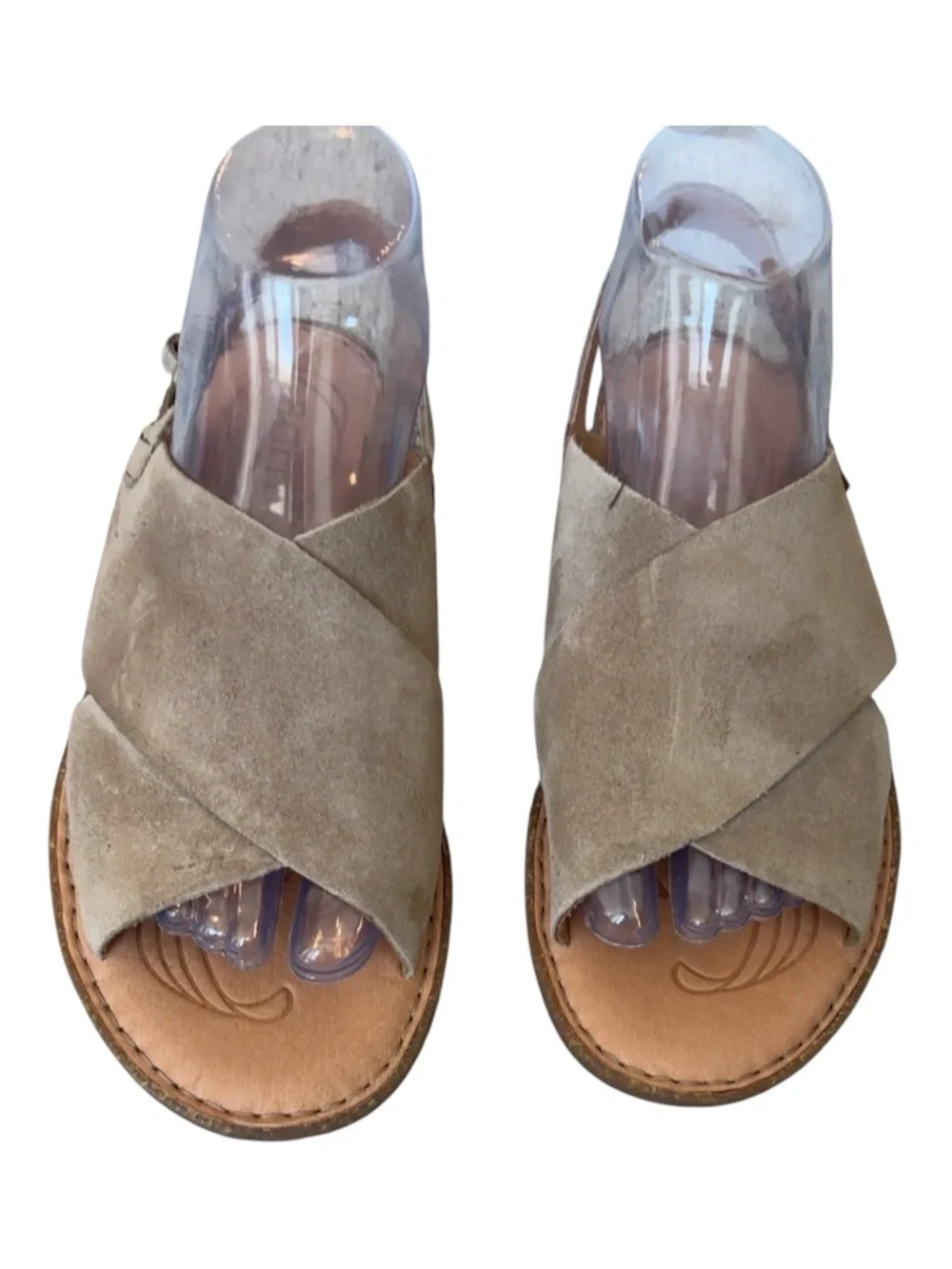 Born Balanga Suede Crisscross Slide Sandals Taupe Comfort Shoes Size 8 NWOB