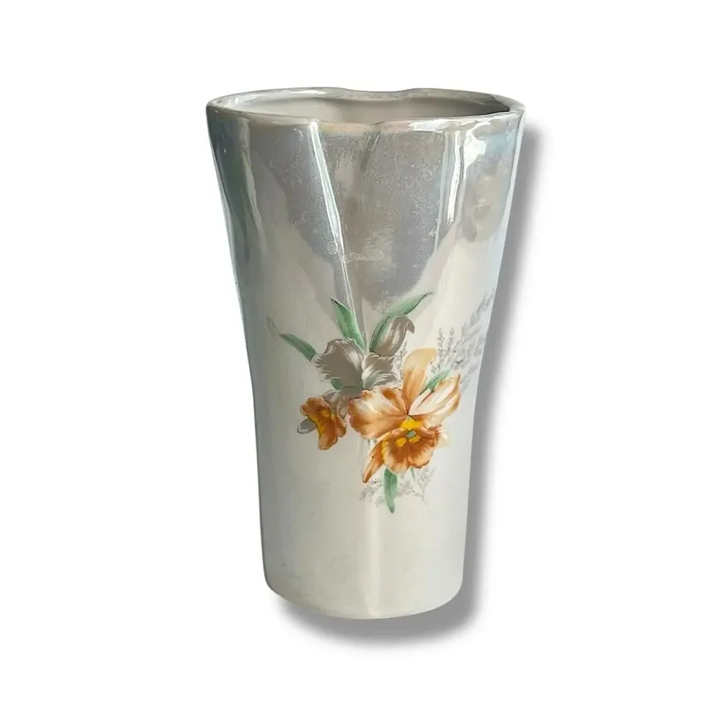 Vintage Cream and Orange Floral Accent Vase