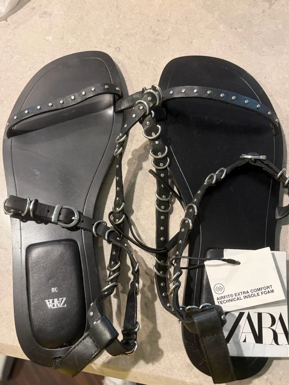 ZARA Black Leather Ring-Detail Stud Yassi Sandals, SZ 38