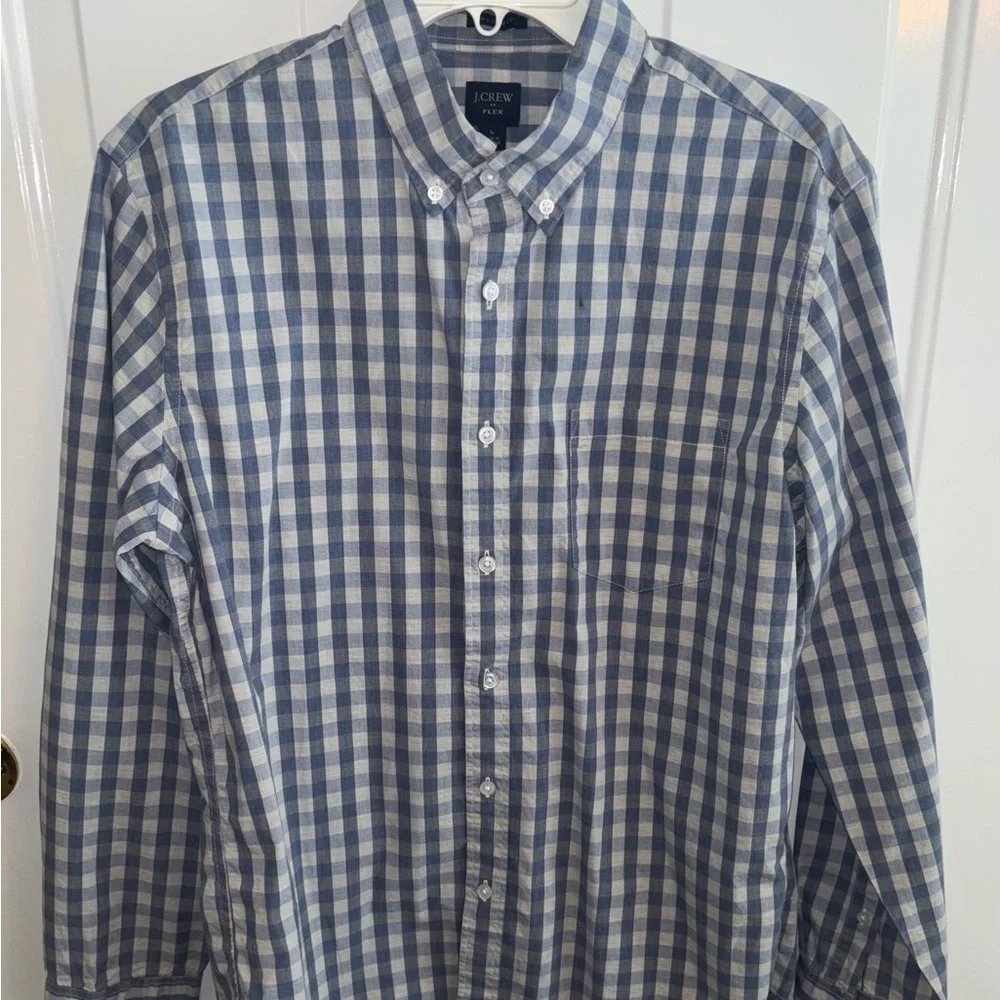 J.Crew Flex Slim Fit Button-Down Shirt Men’s L Blue White Gingham Check Cotton