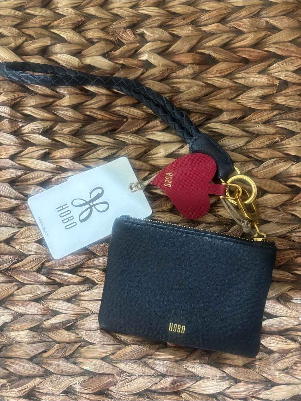 HOBO Black Pebbled Leather Wristlet with Red Heart Key Charm