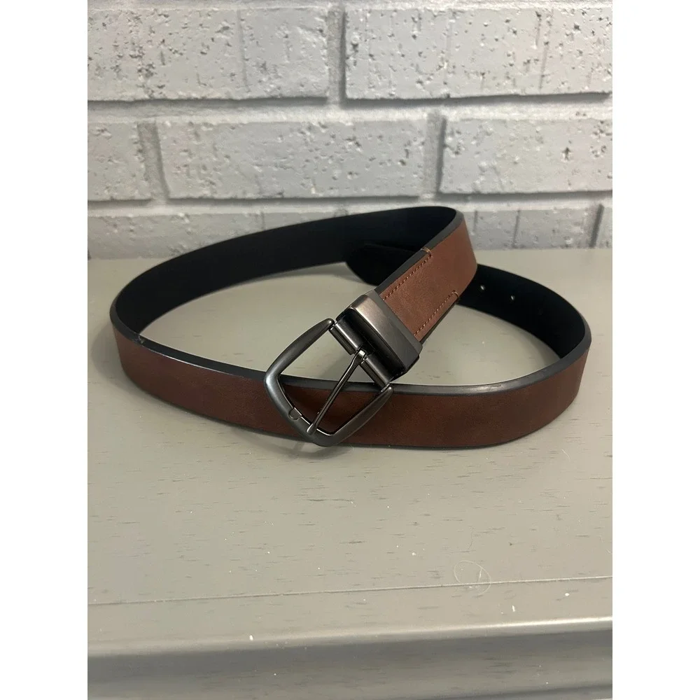 NWOT Brown Black Reversible Leather Belt Mens 38-40 Gunmetal Buckle