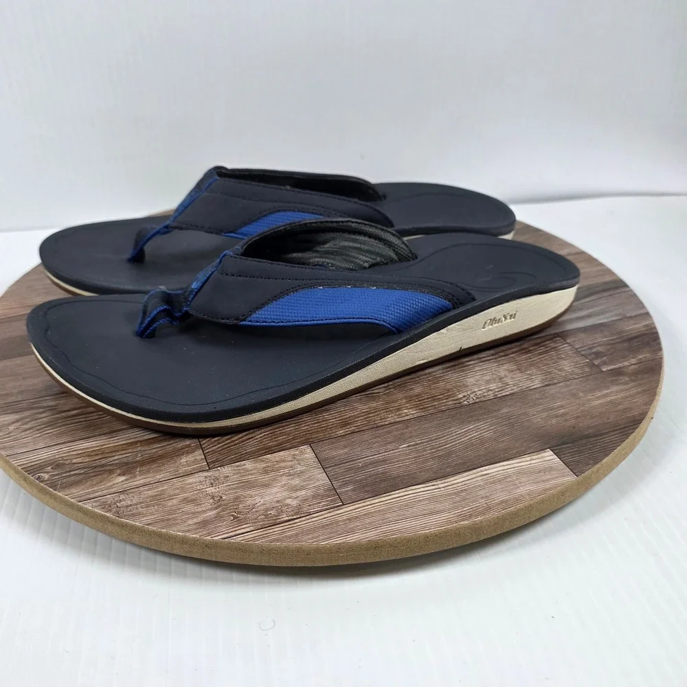 OluKai Nohona 10350-DEDE Mens US 8 Flip Flop Navy Leather Slip On Thong Sandals
