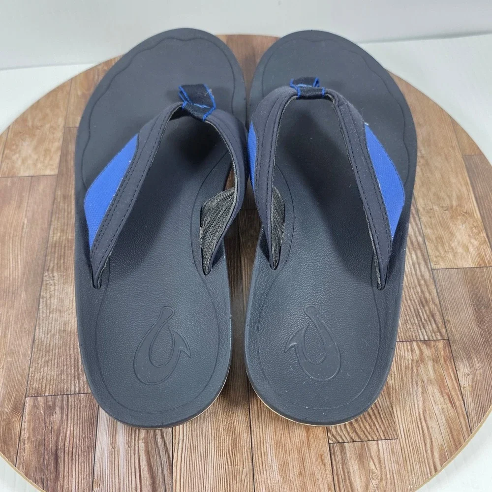 OluKai Nohona 10350-DEDE Mens US 8 Flip Flop Navy Leather Slip On Thong Sandals