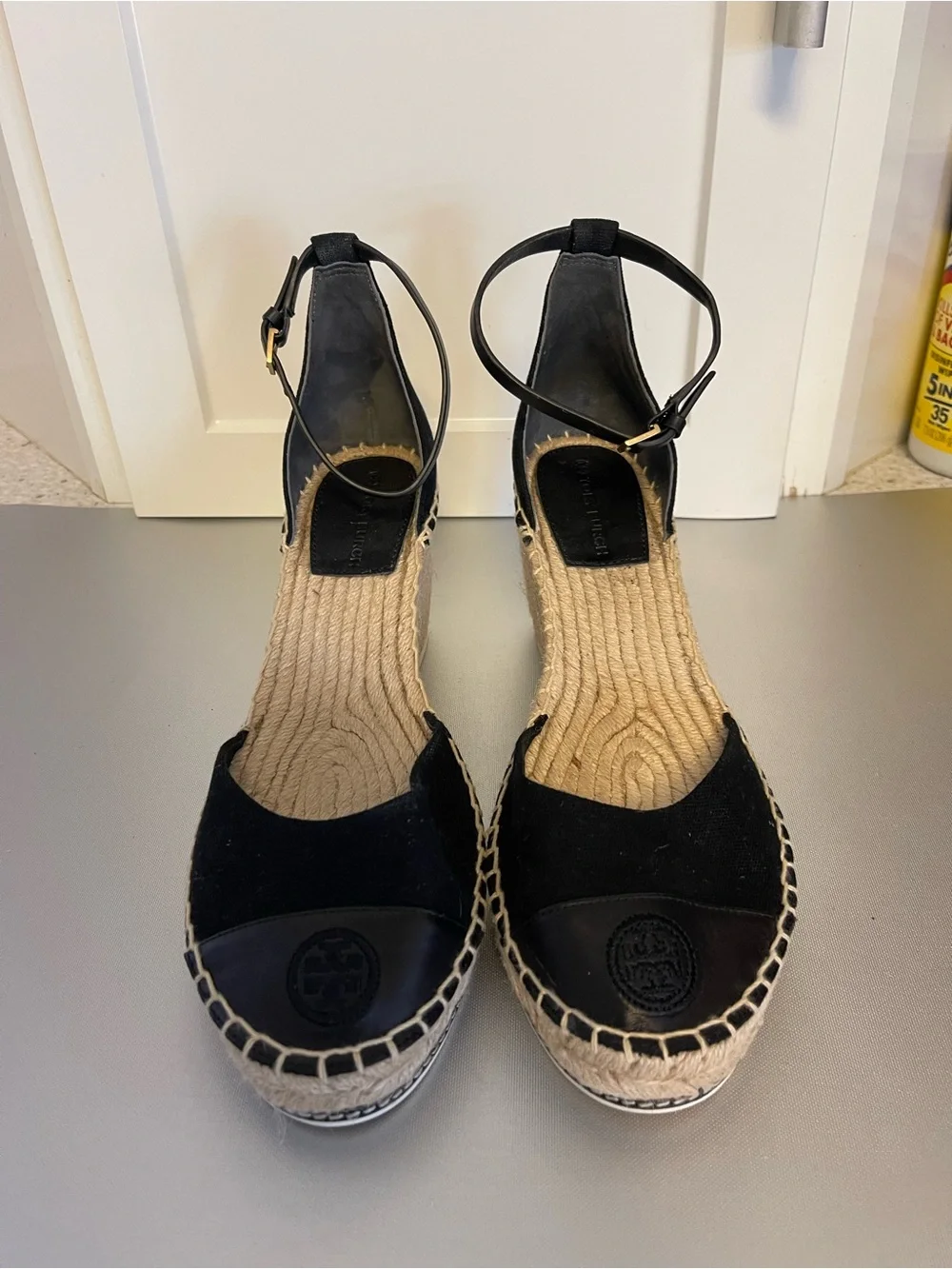 Tory Burch Black Espadrille Wedge Nappa Sandals w/ Ankle Strap Color Block Sz 11