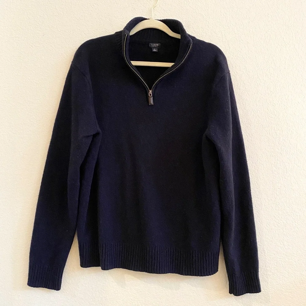 J Crew Mens Navy Blue Merino WoolQuarter‎ Zip Sweater L Long Sleeve Pullover