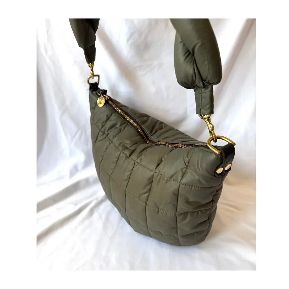 Rare Clare V Quilted Puffy Nylon Moyen Bag, Army Olive Green, Puffy Twist Strap