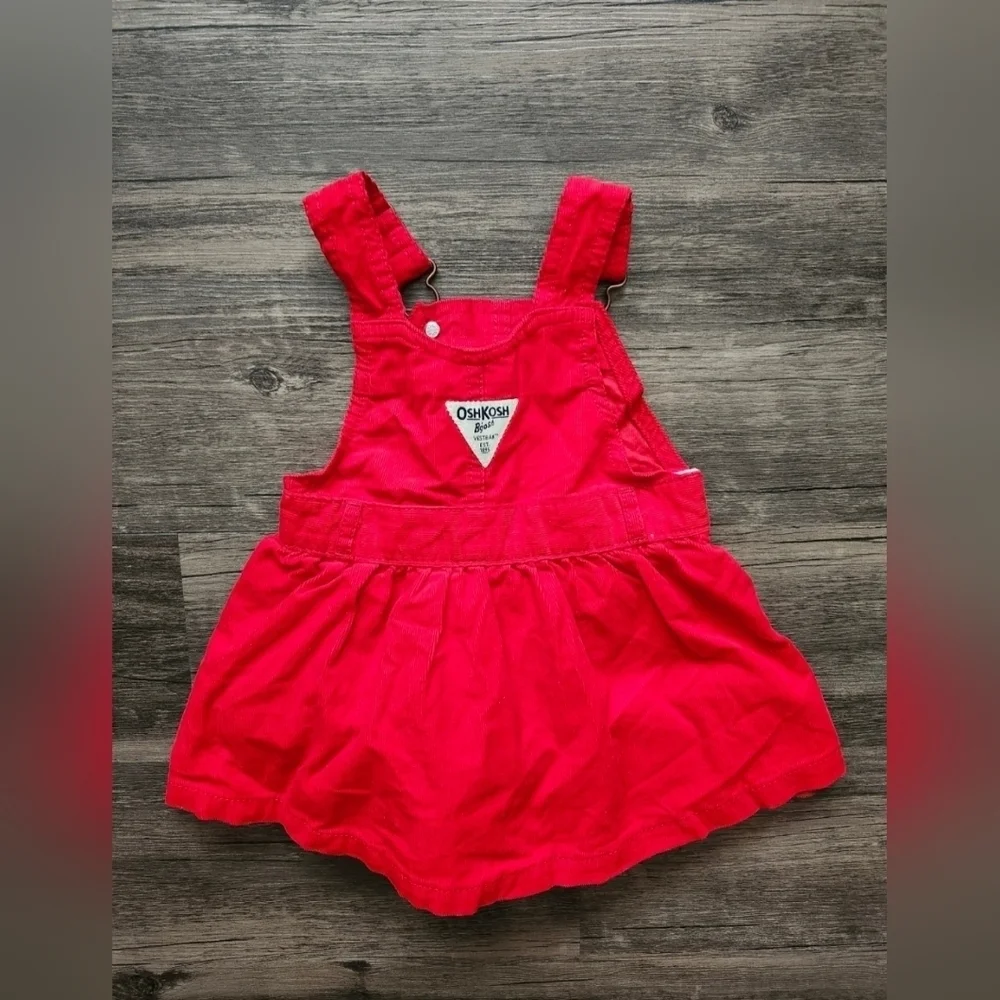 OshKosh B'gosh Vestbak Red Corduroy Overalls Dress with Blue Carter's Onesie