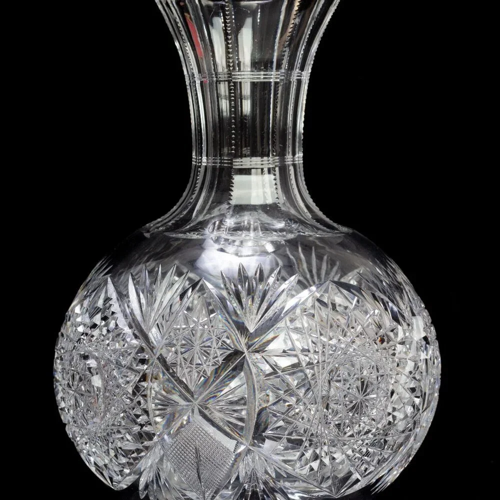 Antique Hand-Cut Crystal Vase With Intricate Starburst & Geometric Patterns