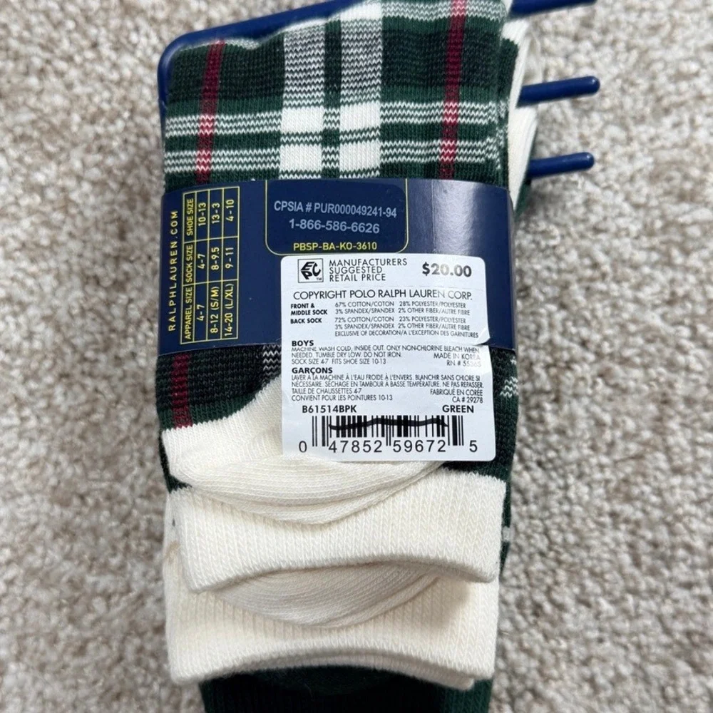 Polo Ralph Lauren Boys 3 Pack Socks Green Reindeer Moose Plaid Size 4-7 NEW