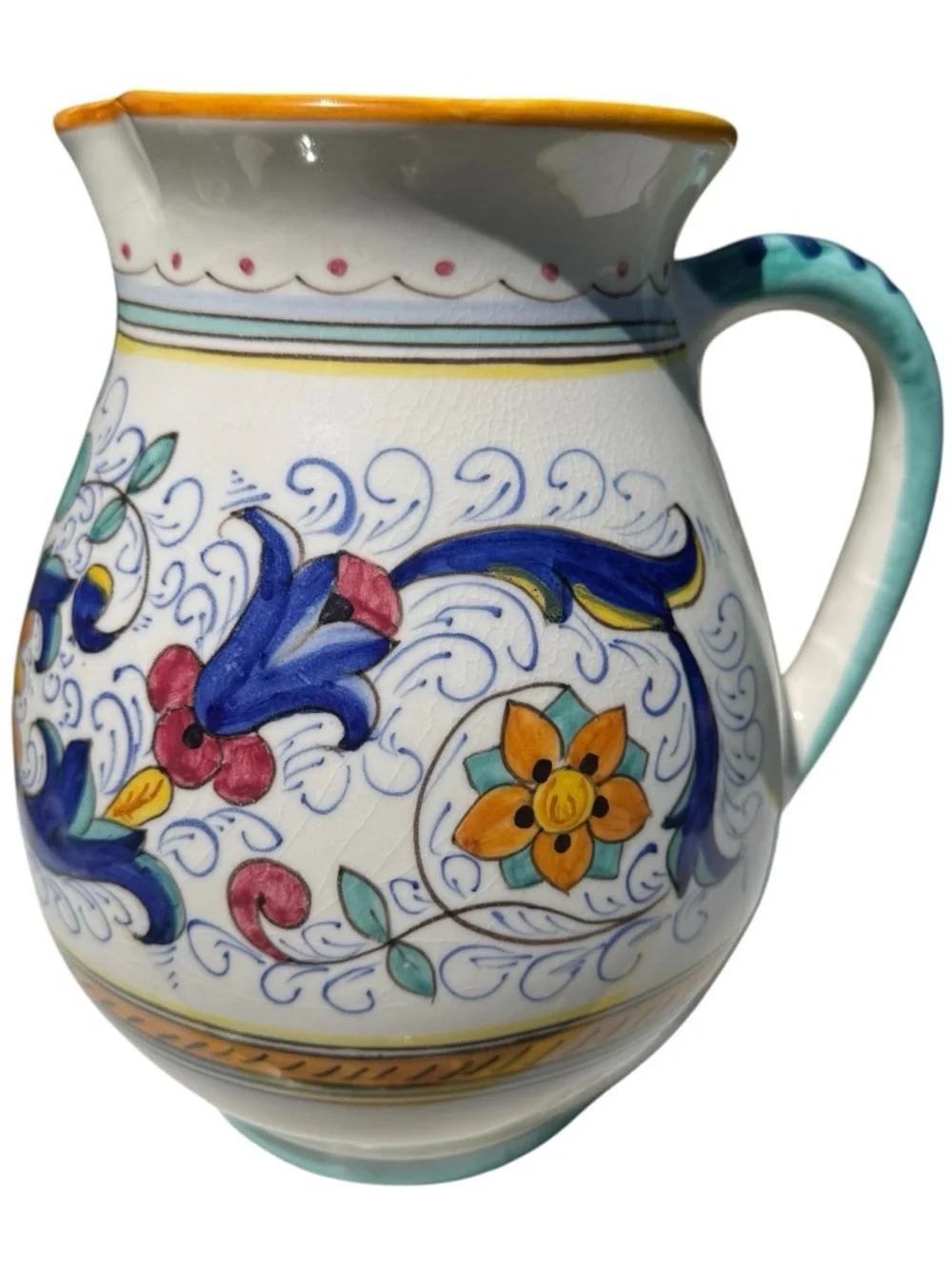 VTG Sur La Table Italian Ceramic Pitcher Hand Painted Blue Floral Majolica Vase