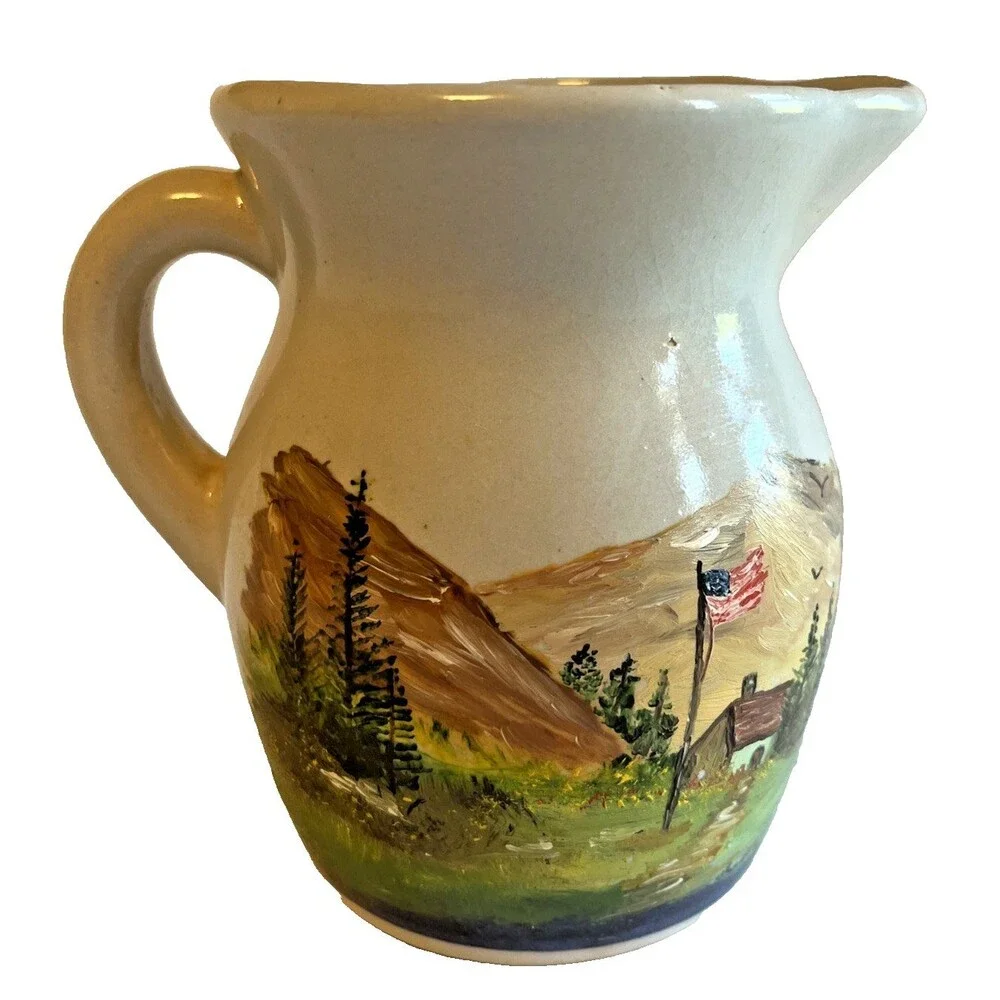 USA Pottery Hand Painted American Landscape Blue Stripe 4 3/4