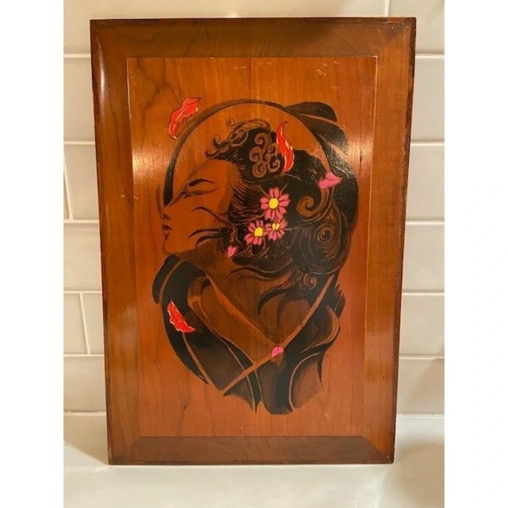 Vintage Hand Painted Wood Plaque Portrait Woman Flowers Mid Century Wall Art