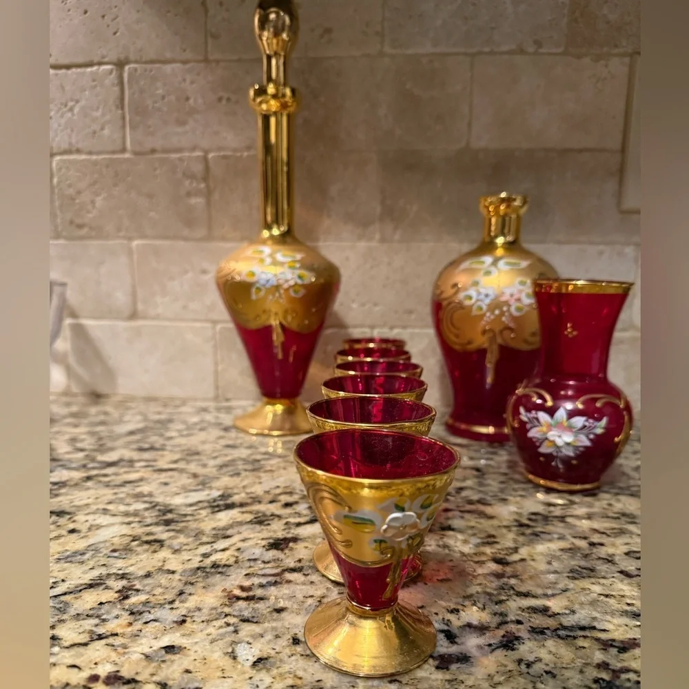 Murano 9 Piece Ruby Red / 24 Karat Signed Set - Tre Fuochi?