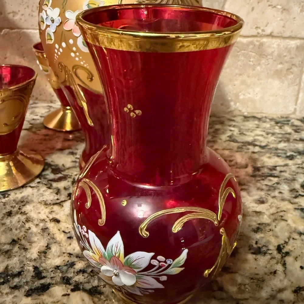 Murano 9 Piece Ruby Red / 24 Karat Signed Set - Tre Fuochi?