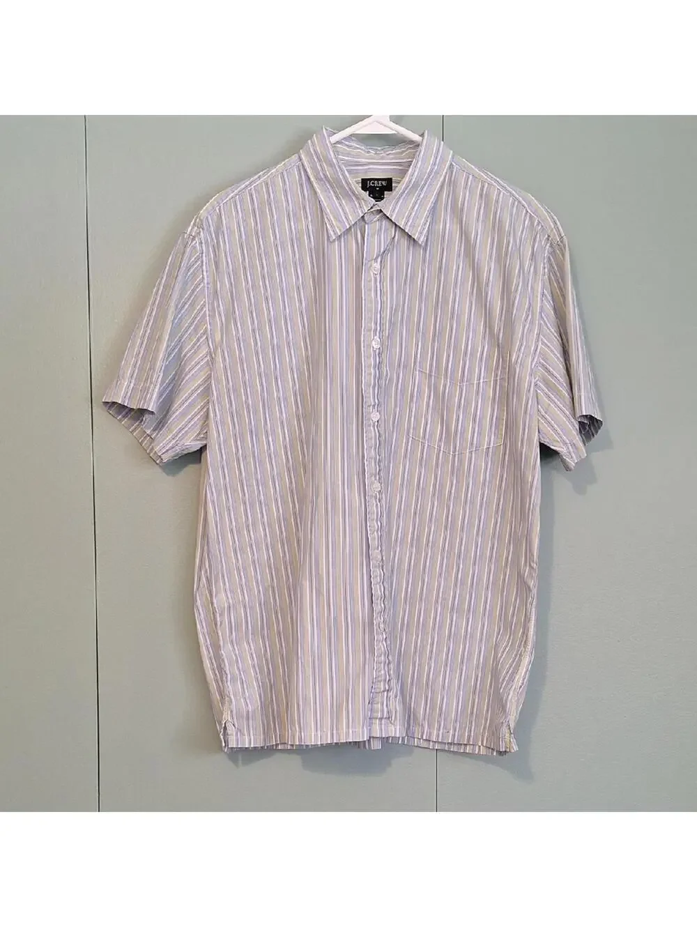J. Crew 100% Cotton Green And Blue Striped Button Up Short Sleeve Dress Shirt L