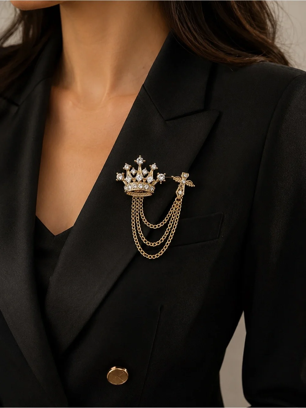 New Gold Tone Crown & Wing Double Pin Brooch Rhinestone Chain Lapel Fashion