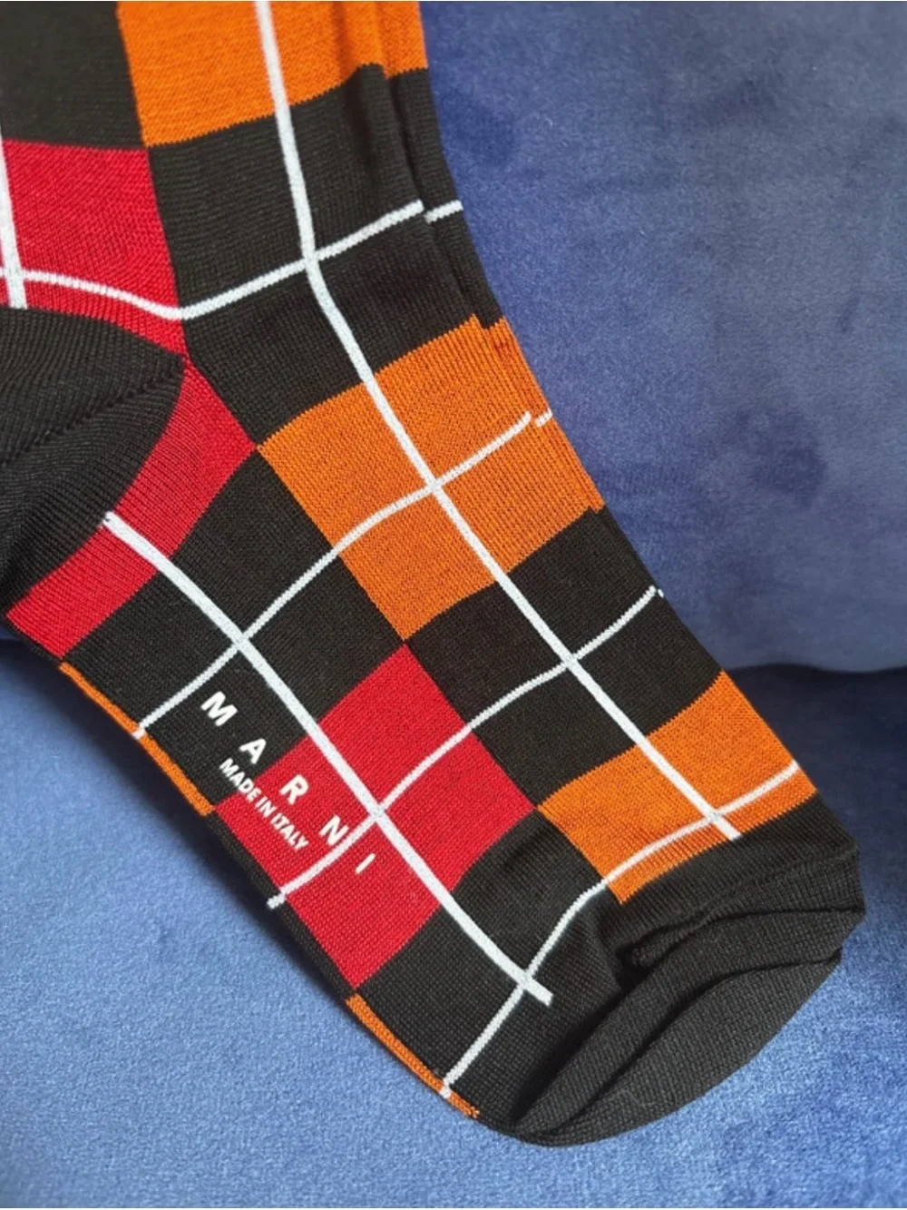 Marni Black Socks with Orange & Red Checked Pattern NWT