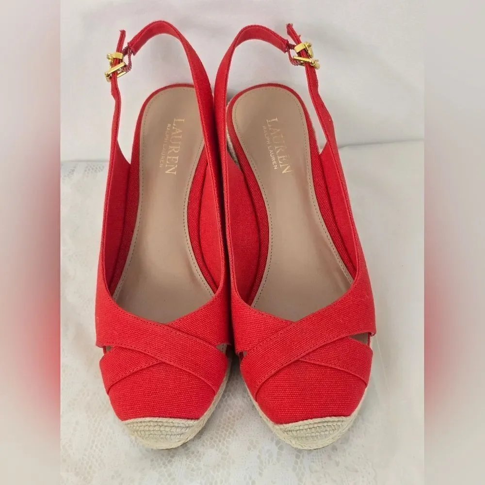 Lauren Ralph Lauren Red Slingback Espadrille Wedges New