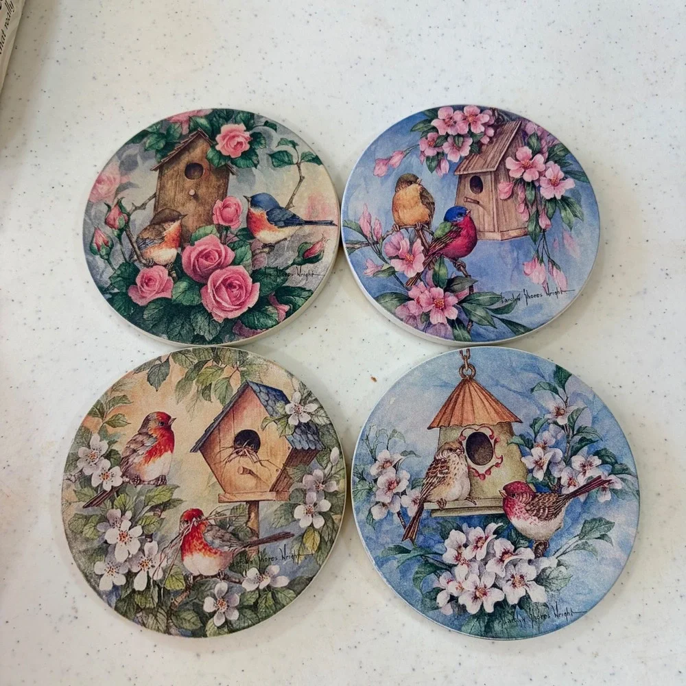 CoasterStone Carolyn Shores Wright Bird Birdhouse Rose Absorbent Coasters Set 4