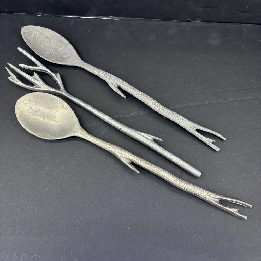 Vintage Aluminum Grey‎ Tree Branch Twigs Serving Set Salad Mixing Spoons
