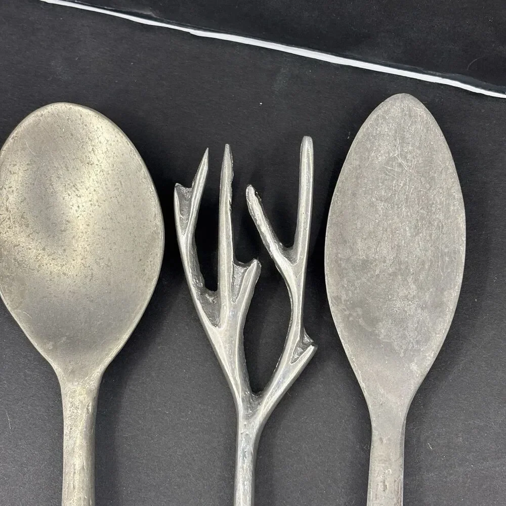 Vintage Aluminum Grey‎ Tree Branch Twigs Serving Set Salad Mixing Spoons