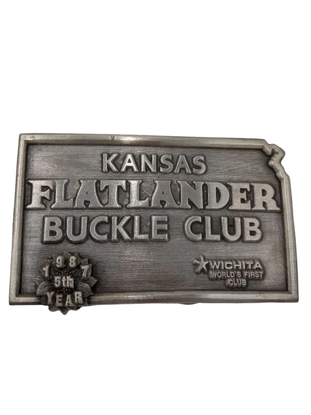 Kansas Flatlander Belt Buckle Club 1987 KS Words First Wichita KS Vintage