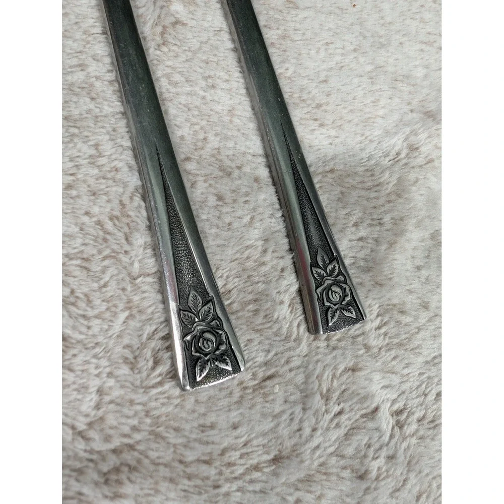 Vintage Korea Stainless Rose Floral Dinner Knives Set‎ of 2 Textured Handle MCM
