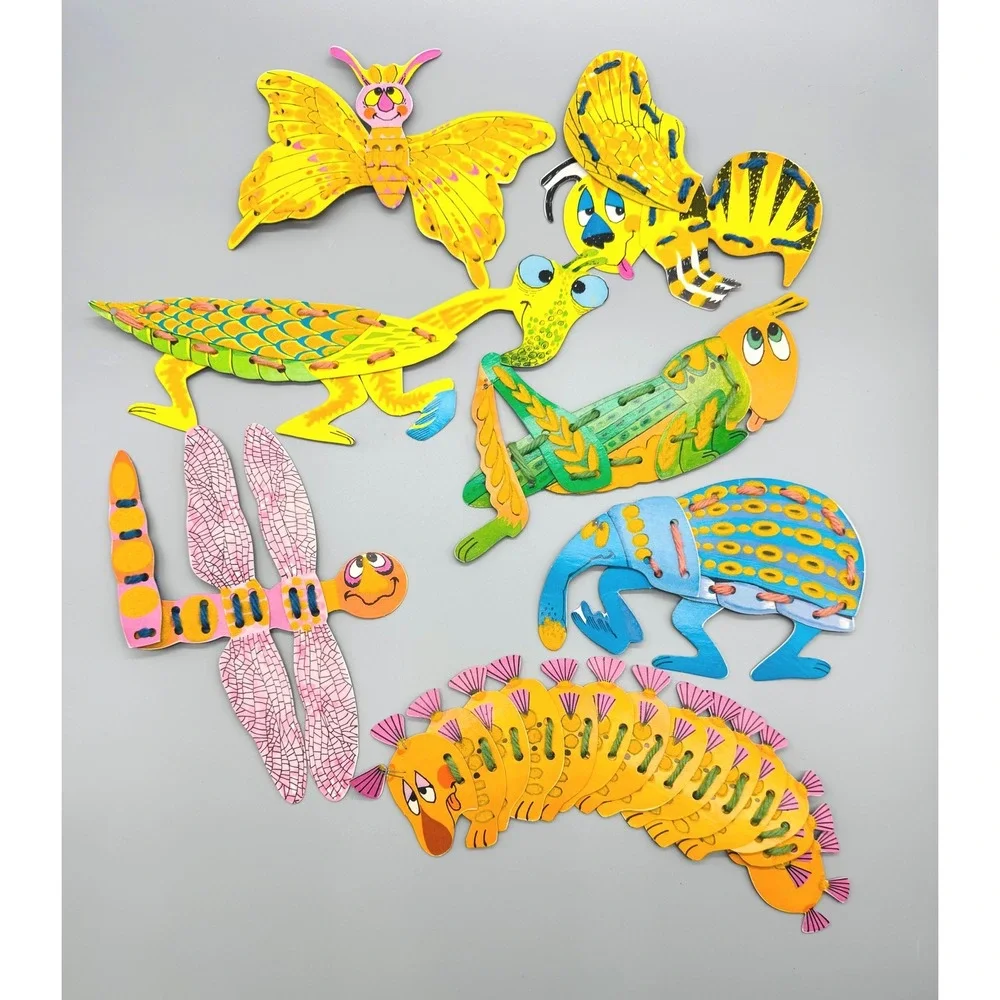 Whitman Funny Fuzzies Sewing Cards Vintage 1968 Flocked Lacing‎ Toy Multi Color