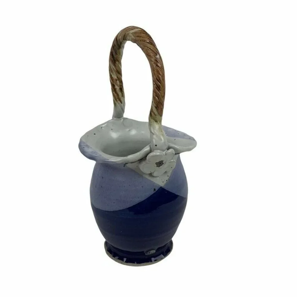 Artist Stamped Pottery Basket Vase Fluted Crimped‎ Rim Twisted Handle Blue Grey